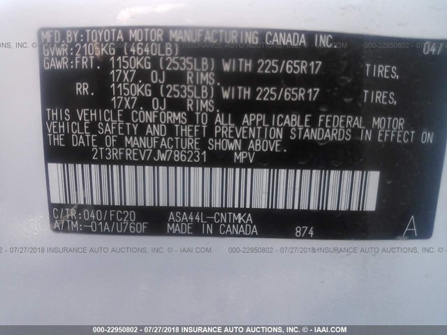 2T3RFREV7JW786231 - 2018 TOYOTA RAV4 ADVENTURE/XLE WHITE photo 9