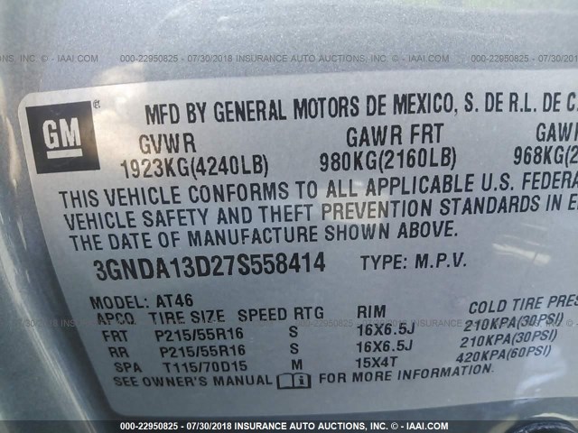 3GNDA13D27S558414 - 2007 CHEVROLET HHR LS ნაცრისფერი ფოტო 9