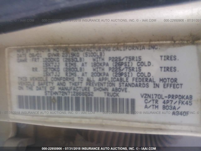 5TEHN72N71Z868052 - 2001 TOYOTA TACOMA DOUBLE CAB ოქროსფერი ფოტო 9