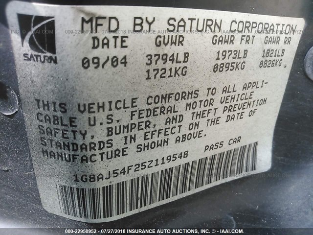 1G8AJ54F25Z119548 - 2005 SATURN ION LEVEL 2 黑色 照片 9