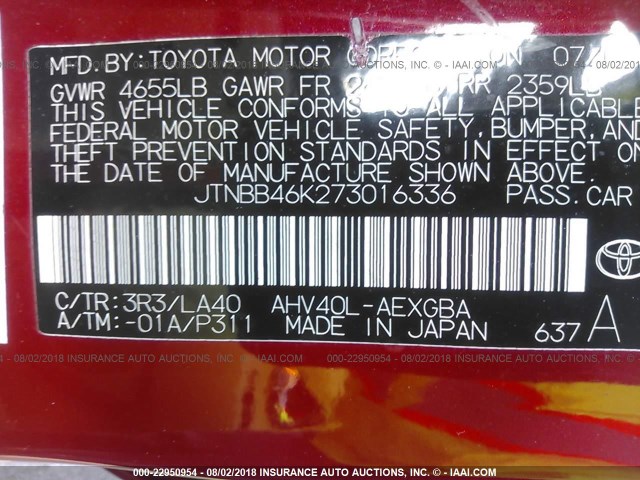 JTNBB46K273016336 - 2007 TOYOTA CAMRY NEW GENERAT HYBRID RED photo 9