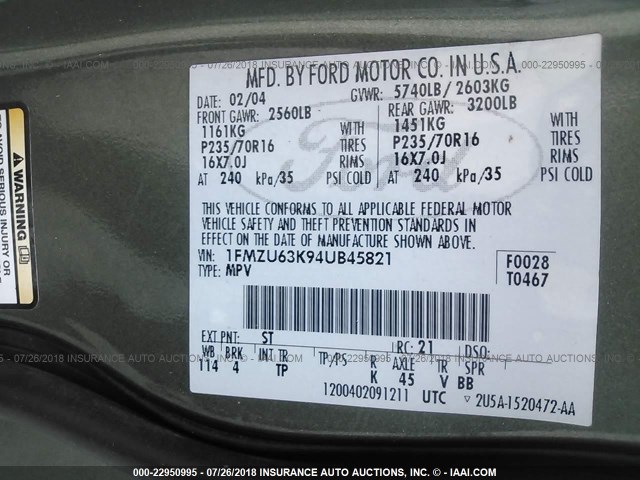 1FMZU63K94UB45821 - 2004 FORD EXPLORER XLT/XLT SPORT/NBX 绿色 照片 9