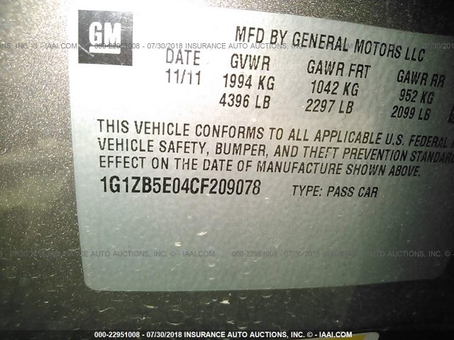 1G1ZB5E04CF209078 - 2012 CHEVROLET MALIBU LS GRAY photo 9
