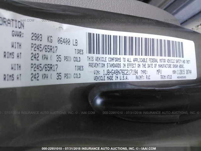 1J8HG48N76C217194 - 2006 JEEP COMMANDER Pewter photo 9