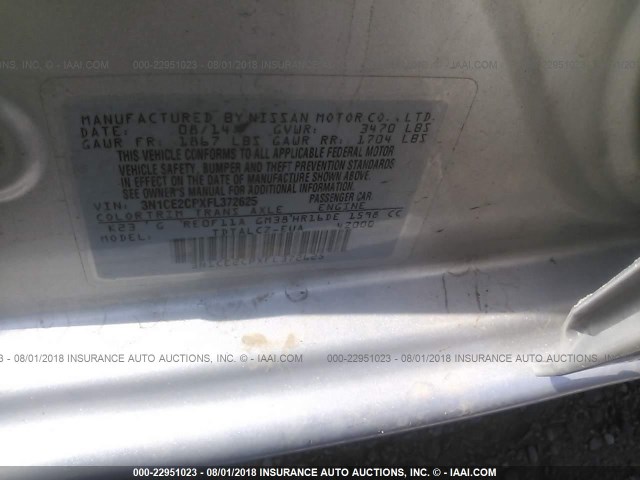 3N1CE2CPXFL372625 - 2015 NISSAN VERSA NOTE S/S PLUS/SV/SL/SR SILVER photo 9