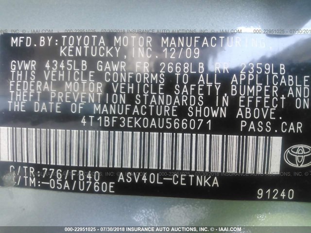 4T1BF3EK0AU566071 - 2010 TOYOTA CAMRY SE/LE/XLE 绿色 照片 9