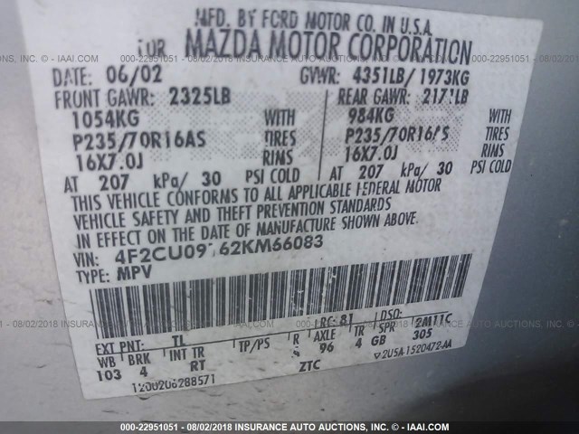 4F2CU09162KM66083 - 2002 MAZDA TRIBUTE LX/ES GRAY photo 9