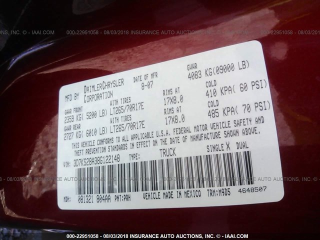 3D7KS28A38G122148 - 2008 DODGE RAM 2500 ST/SLT 红色 照片 9