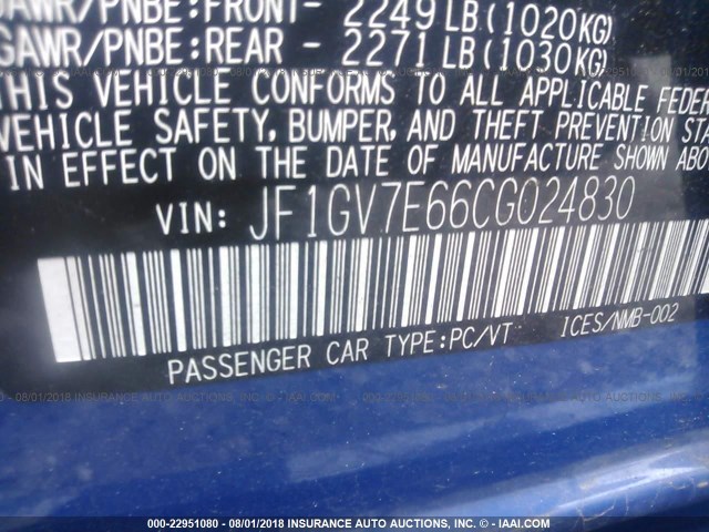 JF1GV7E66CG024830 - 2012 SUBARU IMPREZA WRX BLUE photo 9