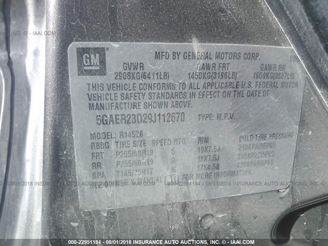 5GAER23D29J112670 - 2009 BUICK ENCLAVE CXL Marron photo 9