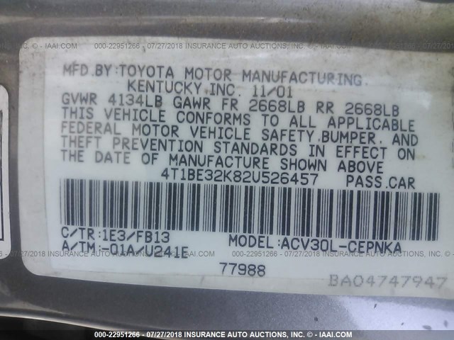 4T1BE32K82U526457 - 2002 TOYOTA CAMRY LE/XLE/SE Boz foto 9