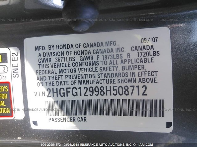 2HGFG12998H508712 - 2008 HONDA CIVIC EXL GRAY photo 9