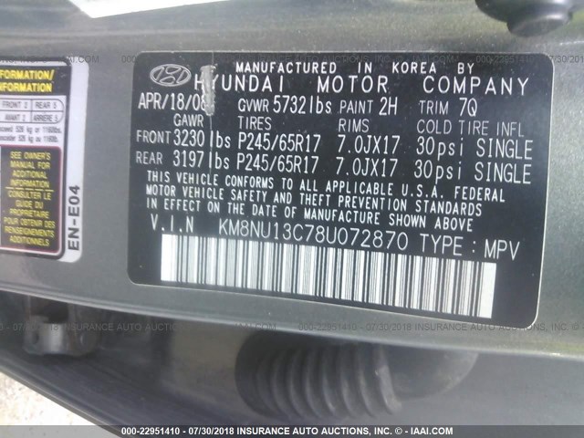 KM8NU13C78U072870 - 2008 HYUNDAI VERACRUZ GLS/SE/LIMITED GRAY photo 9