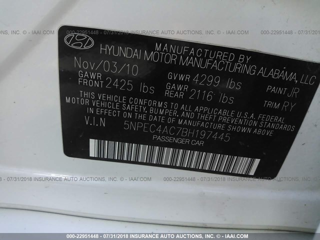 5NPEC4AC7BH197445 - 2011 HYUNDAI SONATA SE/LIMITED WHITE photo 9