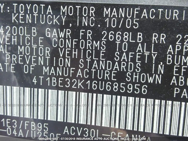 4T1BE32K16U685956 - 2006 TOYOTA CAMRY LE/XLE/SE Boz foto 9
