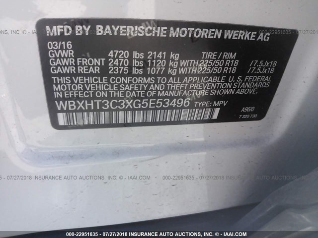 WBXHT3C3XG5E53496 - 2016 BMW X1 XDRIVE28I WHITE photo 9