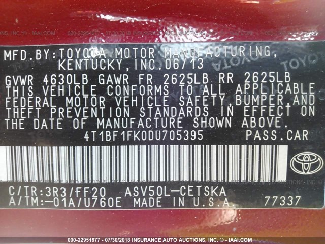 4T1BF1FK0DU705395 - 2013 TOYOTA CAMRY L/SE/LE/XLE 红色 照片 9