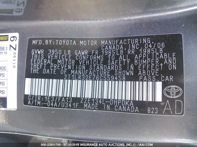 2T1LR32E76C559458 - 2006 TOYOTA MATRIX XR 灰色 照片 9