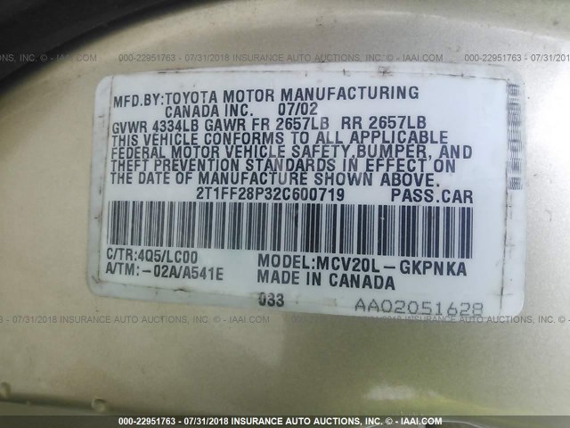 2T1FF28P32C600719 - 2002 TOYOTA CAMRY SOLARA SE/SLE მწვანე ფოტო 9