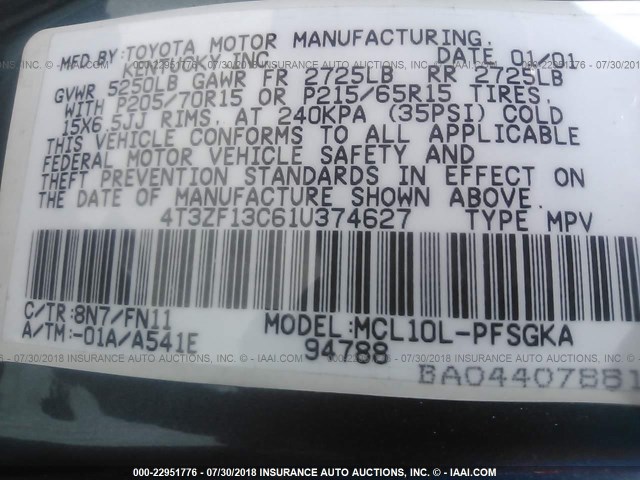 4T3ZF13C61U374627 - 2001 TOYOTA SIENNA LE/XLE GRAY photo 9