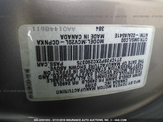 2T1CF28P2XC260375 - 1999 TOYOTA CAMRY SOLARA SE/SLE GOLD photo 9