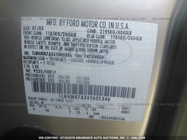 1LNHM87A34Y605346 - 2004 LINCOLN LS 银色 照片 9