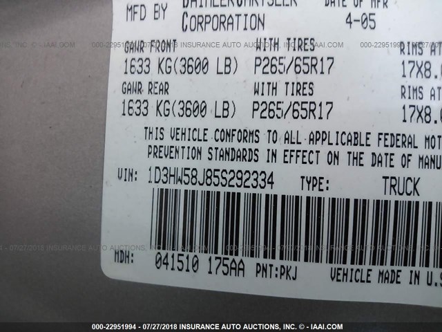 1D3HW58J85S292334 - 2005 DODGE DAKOTA QUAD LARAMIE TAN photo 9