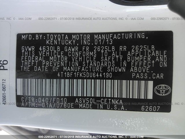 4T1BF1FK5DU644190 - 2013 TOYOTA CAMRY L/SE/LE/XLE 白色 照片 9