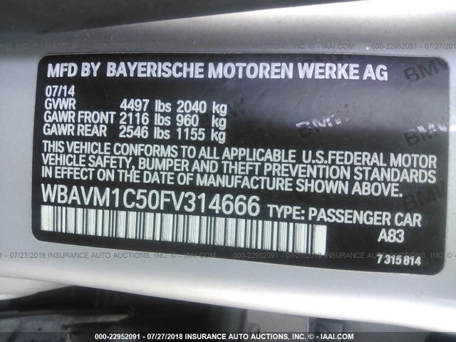 WBAVM1C50FV314666 - 2015 BMW X1 SDRIVE28I SILVER photo 9