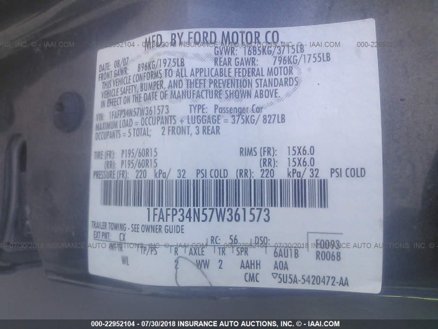 1FAFP34N57W361573 - 2007 FORD FOCUS ZX4/S/SE/SES GRAY photo 9