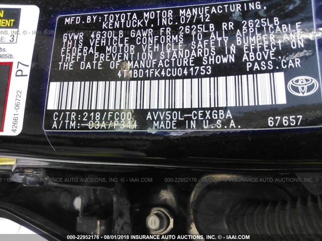 4T1BD1FK4CU041753 - 2012 TOYOTA CAMRY HYBRID/LE/XLE 黑色 照片 9