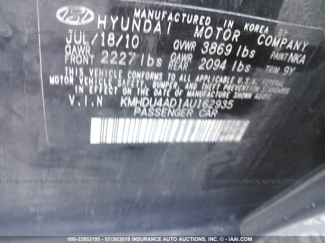 KMHDU4AD1AU162935 - 2010 HYUNDAI ELANTRA BLUE/GLS/SE BLACK photo 9