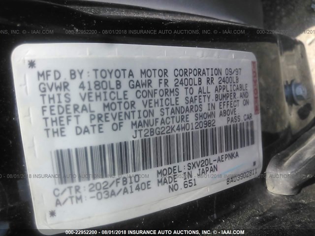 JT2BG22K4W0120982 - 1998 TOYOTA CAMRY CE/LE/XLE BLACK photo 9