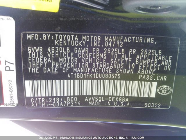 4T1BD1FK1DU080575 - 2013 TOYOTA CAMRY HYBRID/LE/XLE შავი ფოტო 9