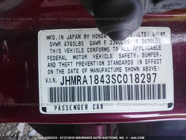 JHMRA1843SC018297 - 1995 HONDA ODYSSEY LX/EX RED photo 9