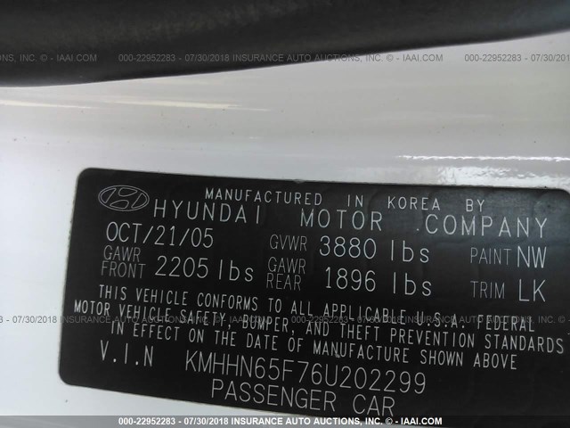 KMHHN65F76U202299 - 2006 HYUNDAI TIBURON WHITE photo 9