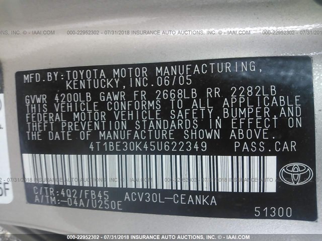 4T1BE30K45U622349 - 2005 TOYOTA CAMRY LE/XLE/SE Qəhvəyi foto 9