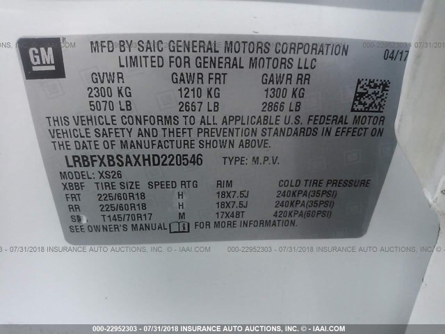 LRBFXBSAXHD220546 - 2017 BUICK ENVISION ESSENCE WHITE photo 9