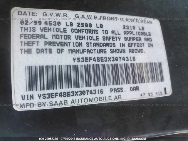 YS3EF48E3X3074316 - 1999 SAAB 9-5 SE BLUE photo 9