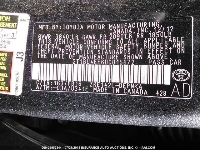 2T1BU4EE6DC015672 - 2013 TOYOTA COROLLA S/LE BLACK photo 9