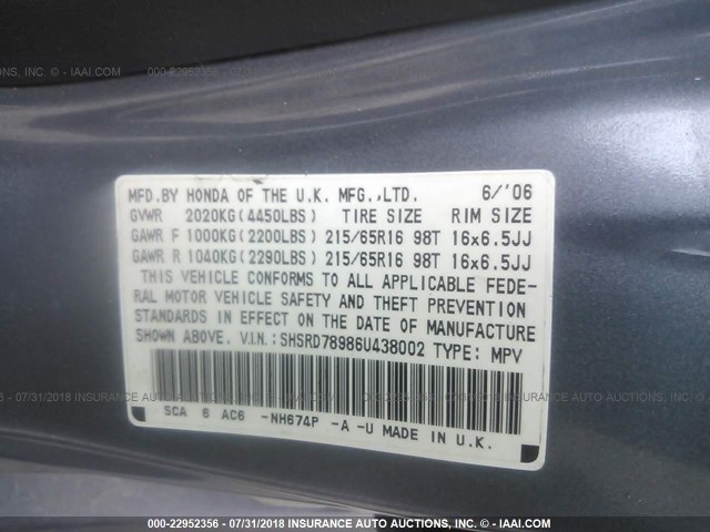 SHSRD78986U438002 - 2006 HONDA CR-V SE/EX BLUE photo 9