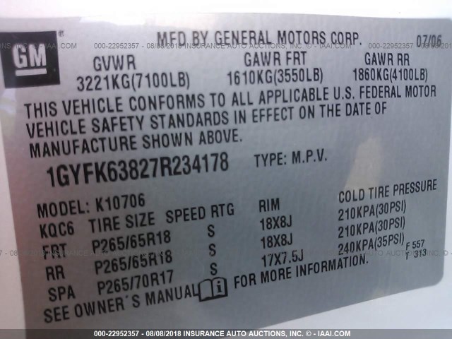 1GYFK63827R234178 - 2007 CADILLAC ESCALADE LUXURY 奶油色 照片 9