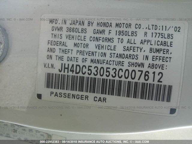 JH4DC53053C007612 - 2003 ACURA RSX TYPE-S WHITE photo 9