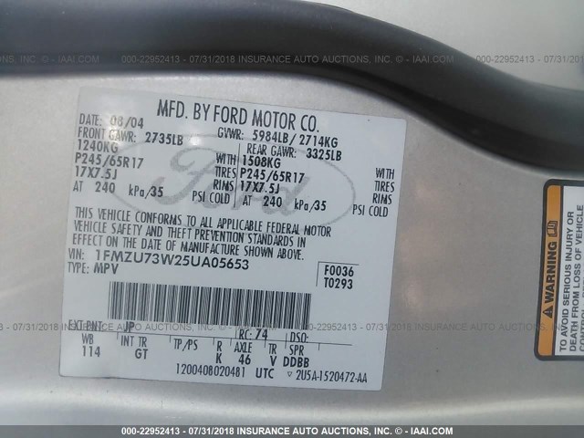 1FMZU73W25UA05653 - 2005 FORD EXPLORER XLT/XLT SPORT/NBX 银色 照片 9