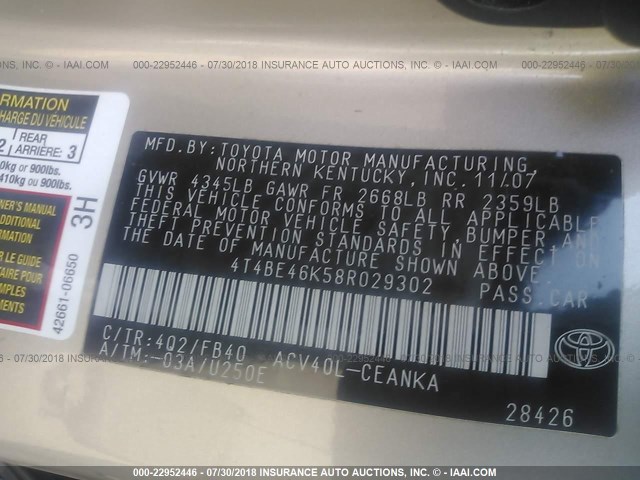 4T4BE46K58R029302 - 2008 TOYOTA CAMRY CE/LE/XLE/SE GOLD photo 9