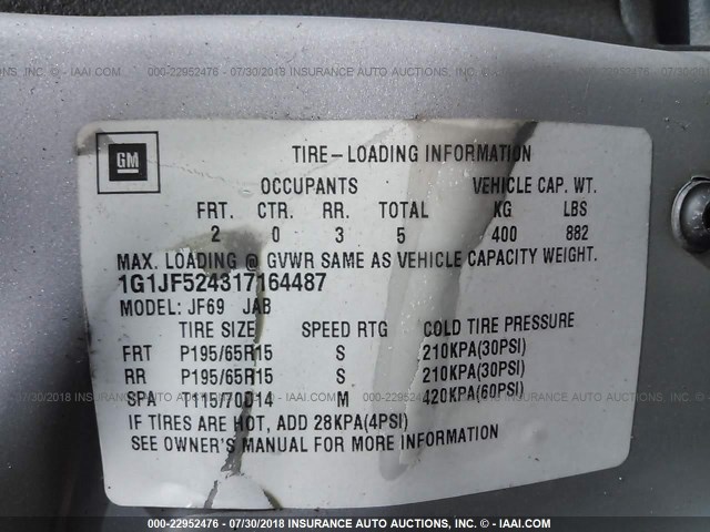 1G1JF524317164487 - 2001 CHEVROLET CAVALIER LS SILVER photo 9