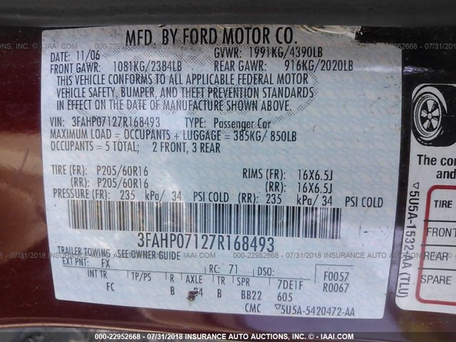 3FAHP07127R168493 - 2007 FORD FUSION SE RED photo 9