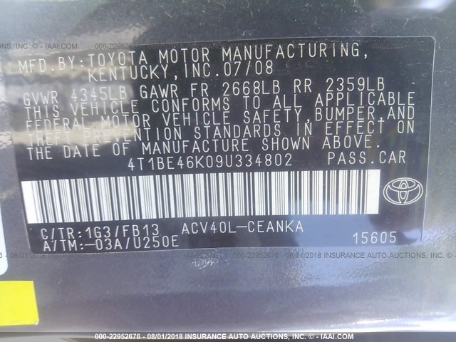 4T1BE46K09U334802 - 2009 TOYOTA CAMRY SE/LE/XLE ნაცრისფერი ფოტო 9