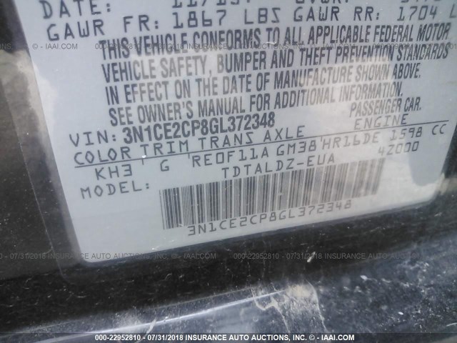 3N1CE2CP8GL372348 - 2016 NISSAN VERSA NOTE S/S PLUS/SV/SL/SR BLACK photo 9