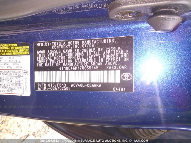 4T1BE46K17U055145 - 2007 TOYOTA CAMRY NEW GENERAT CE/LE/XLE/SE BLUE photo 9